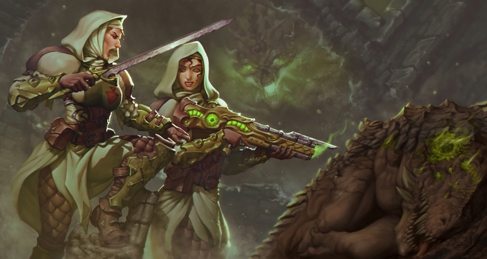 Two women warriors fighting a dragon in a cave