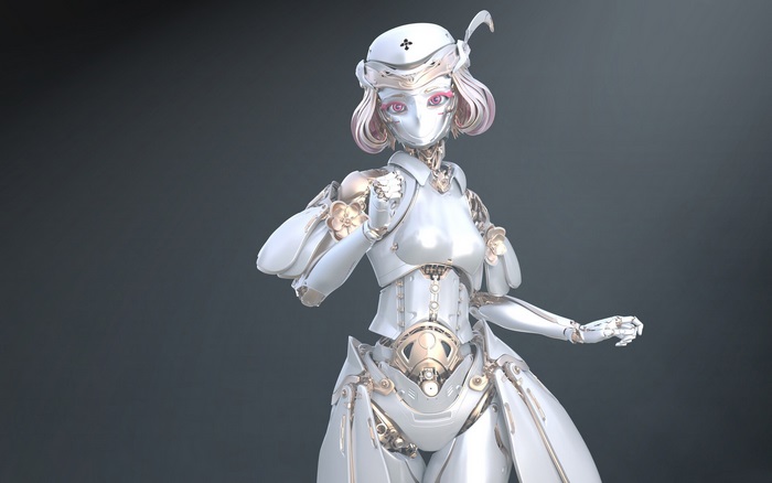 Sci-Fi Robot with Pink Eyes and Nurse Hat