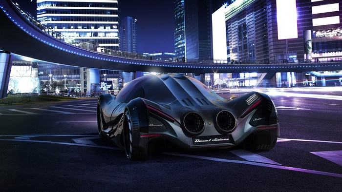 Devel Sixteen Prototype car on a city street at night
