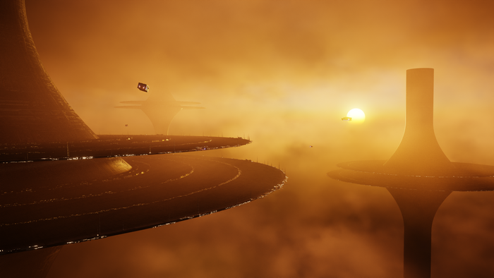Futuristic city in the clouds at sunset