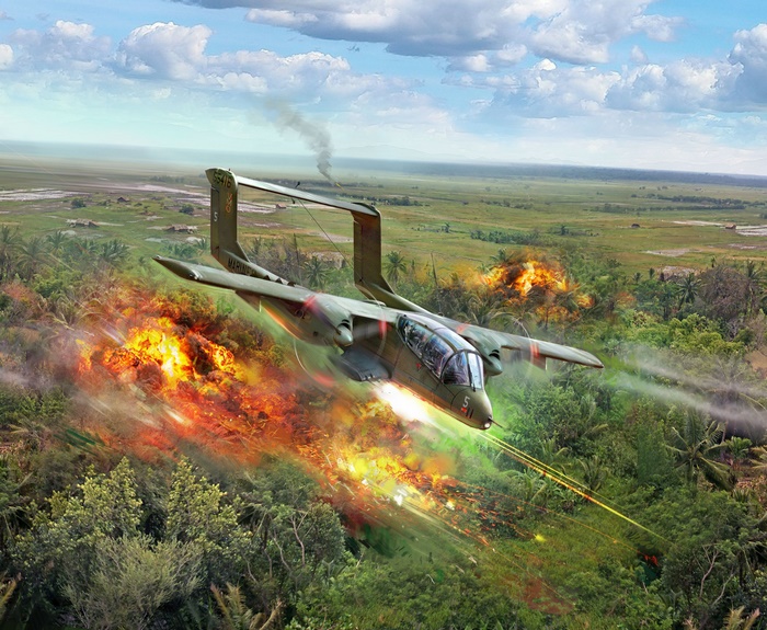 OV-10 Bronco aircraft in combat over jungle
