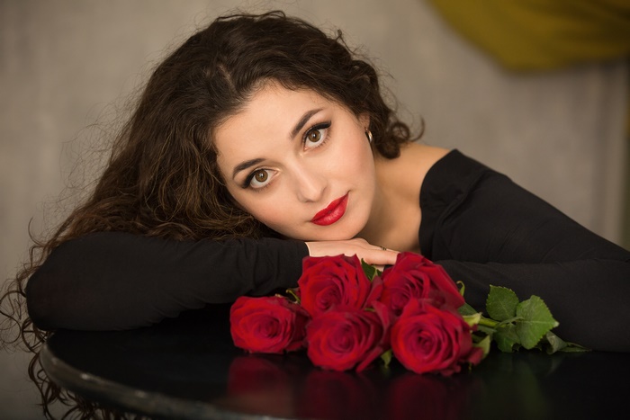Woman with Red Roses and Lipstick
