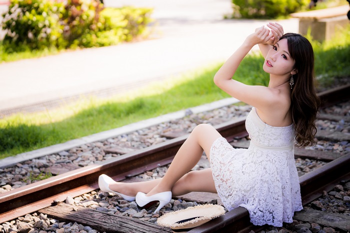 Asian Woman in White Dress with Long Black Hair 4K