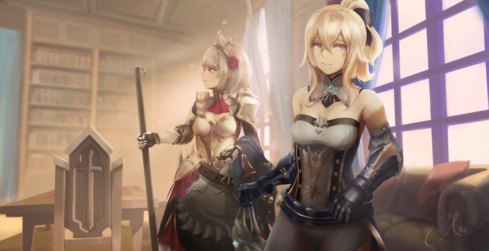 Jean and Noelle from Genshin Impact in a library