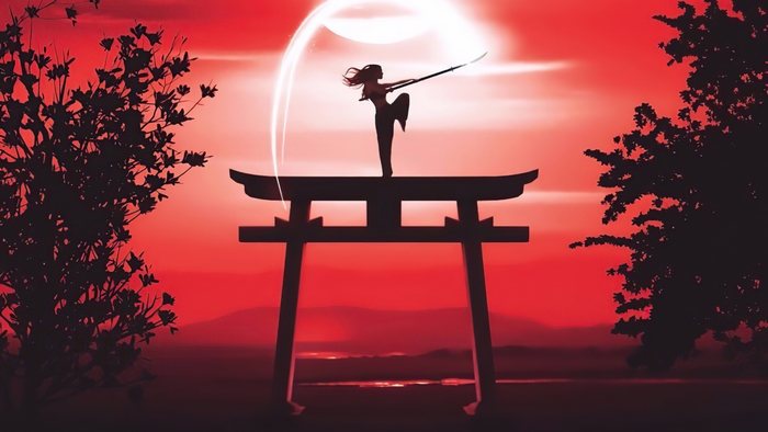 Girl practicing martial arts on a Torii gate
