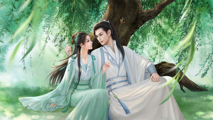 Fantasy Love Couple Under Willow Tree 4K