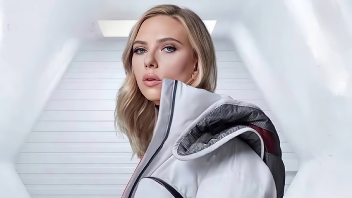 Scarlett Johansson wearing a white puffer jacket