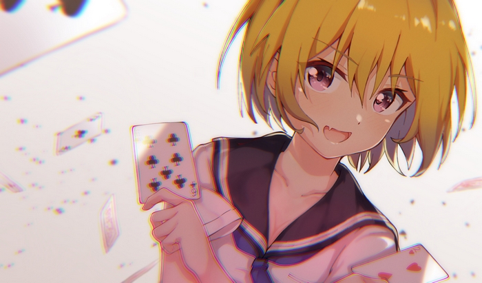 Satoko Houjou from Higurashi: When They Cry holding cards