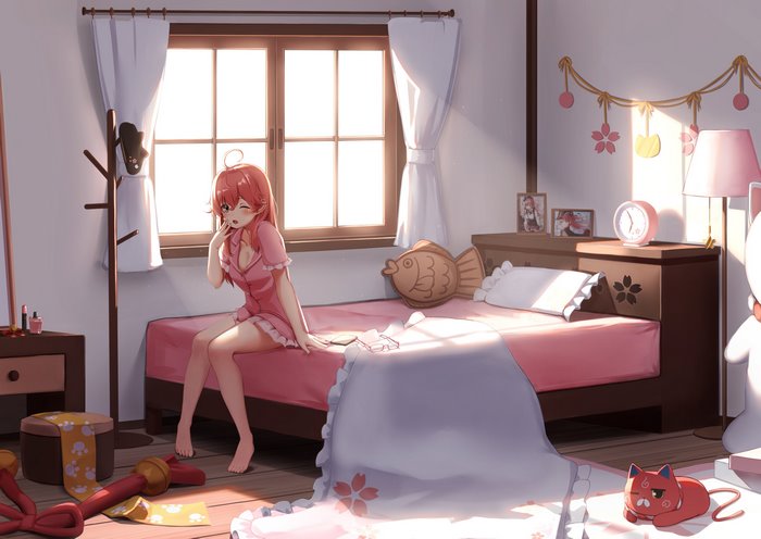 Sakura Miko in a pink nightgown in her bedroom