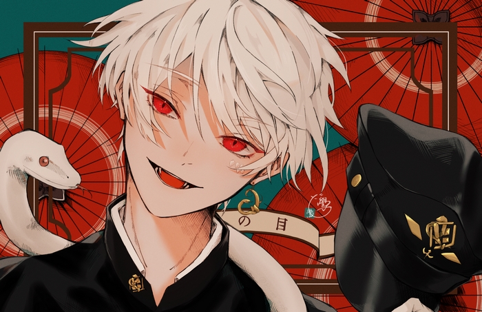 Anime boy with white hair and red eyes and snake