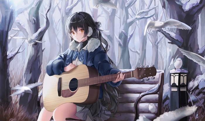Girl with Guitar in Snowy Forest with Birds