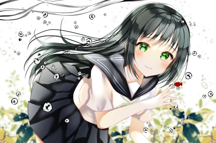 Girl with green eyes in school uniform underwater with bubbles