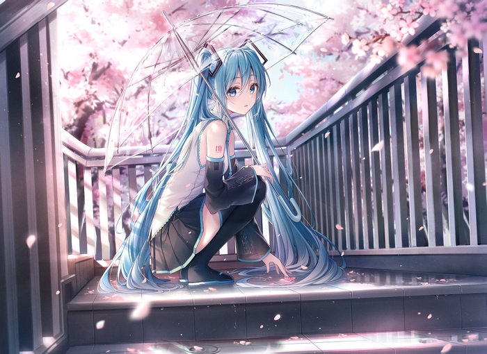 Hatsune Miku with Umbrella under Cherry Blossoms