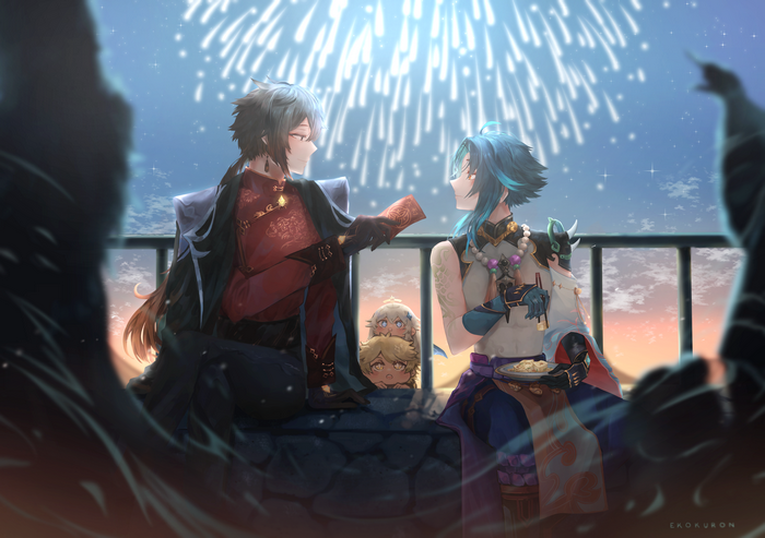 Xiao and Zhongli from Genshin Impact watching fireworks