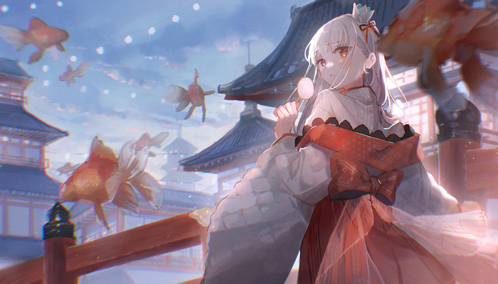 Girl in Japanese Clothes with Goldfish
