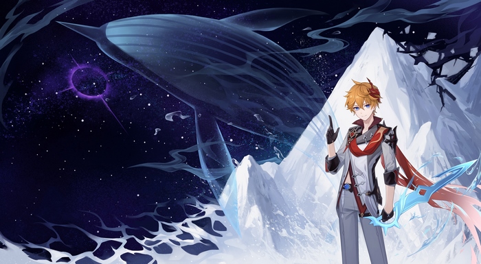 Tartaglia Childe from Genshin Impact with a whale and mountains