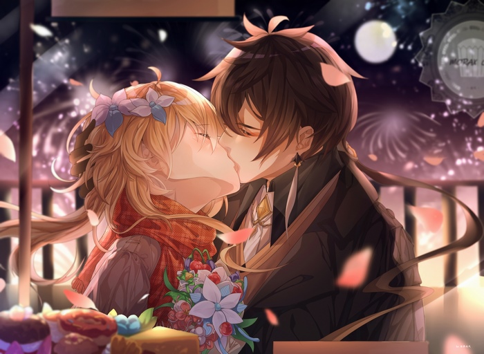 Lumine and Zhongli from Genshin Impact kissing