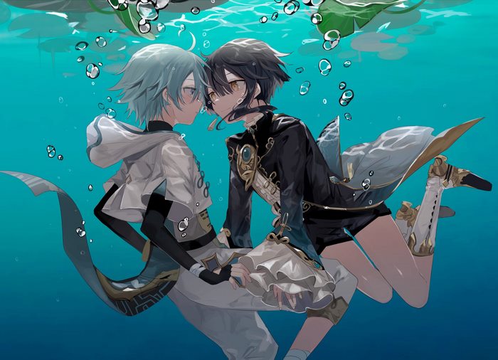 Chongyun and Xingqiu from Genshin Impact underwater