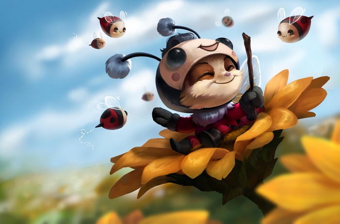 Teemo from League of Legends on a sunflower with bees