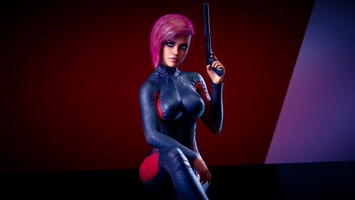 Sci-fi woman warrior with pink hair holding a gun