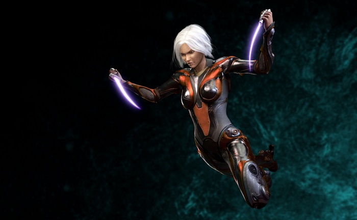 Sci-fi woman warrior with glowing knives