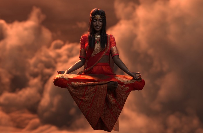 Fantasy Woman in Red Sari Meditating in Clouds
