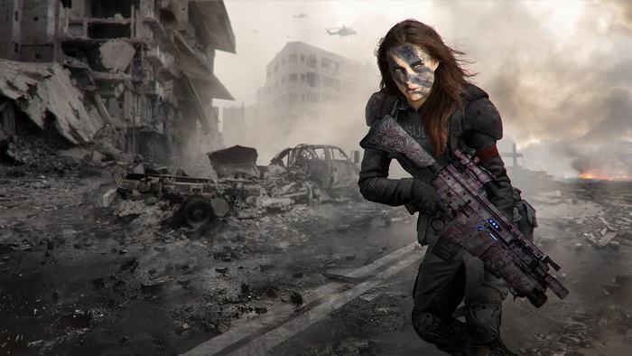 Woman warrior with rifle in destroyed city