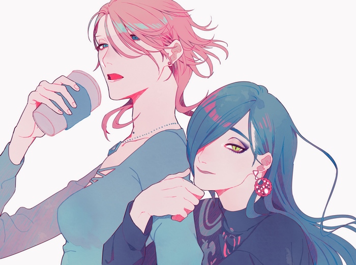 Two anime characters, one with pink hair holding a cup, the other with blue hair.