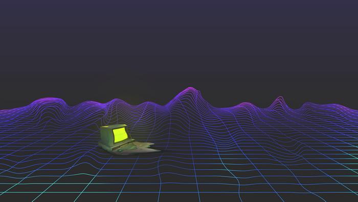 Retro computer on a wireframe landscape