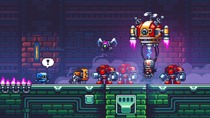 Badbert and his robotic army in a pixel art game