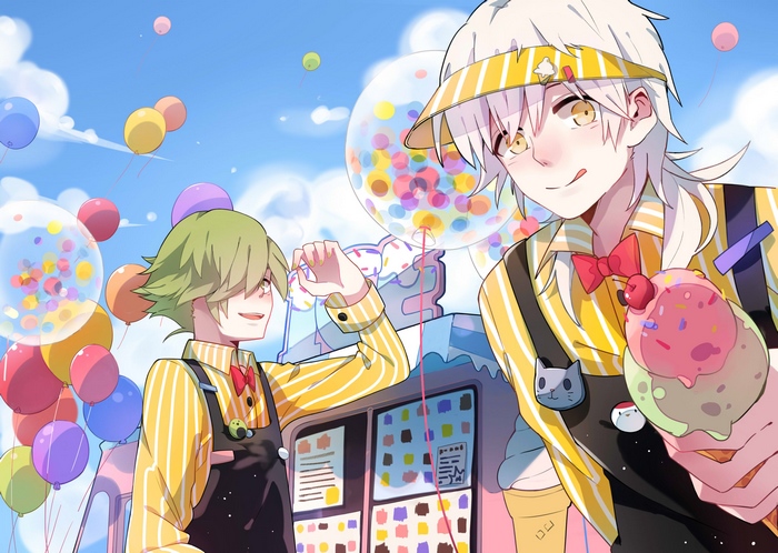 Two anime boys with ice cream and balloons