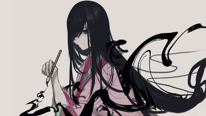 Murasaki Shikibu writing with a brush