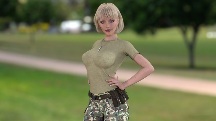 Woman in military-style clothing in a park