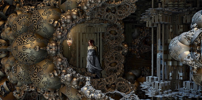 Woman in a dress in a fractal world