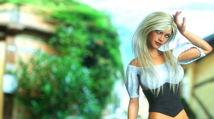 Woman with blonde hair in a village