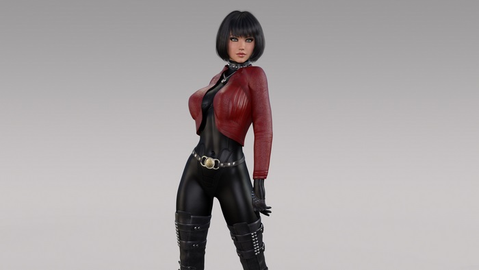 Woman in red jacket and black outfit