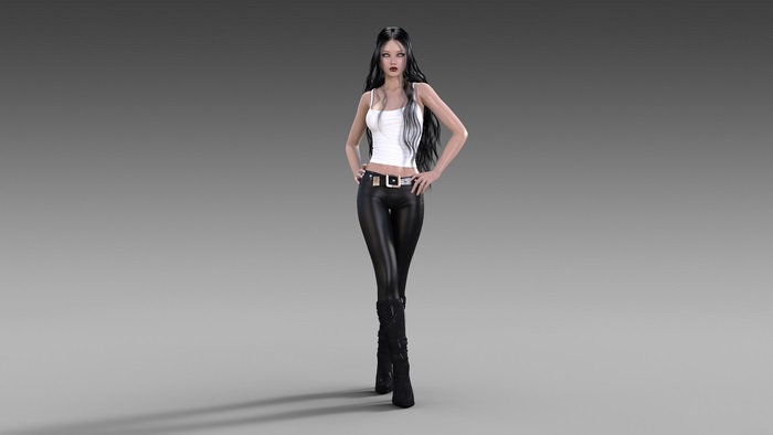 Woman in white tank top and black leather pants
