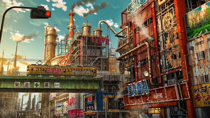 Akihabara Factory with Train and Traffic Light