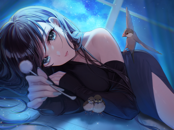 4K Anime Girl with Sparrows and Starry Night