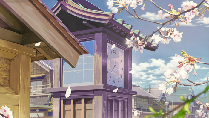 Anime town clock tower with cherry blossoms
