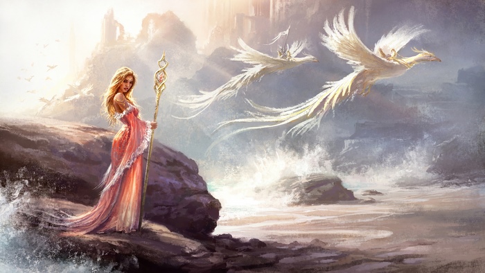 Fantasy Woman with Staff and Flying Birds