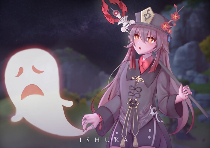 Hu Tao from Genshin Impact with a ghost