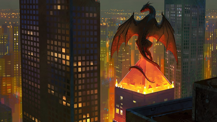 Fantasy Dragon on Skyscraper in City 4K