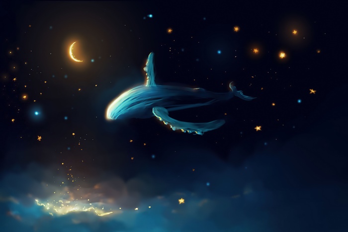 Fantasy Whale in Starry Night Sky with Moon