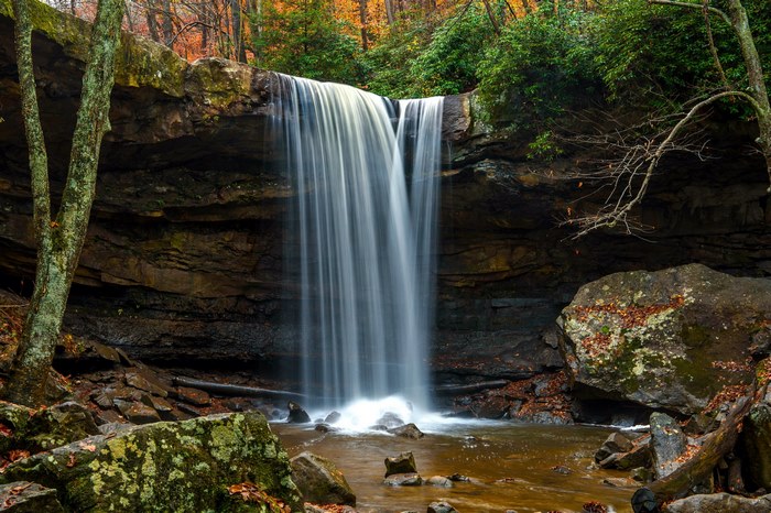 Waterfall in a forest during autumn