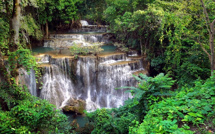 Tiered waterfall in a lush green jungle