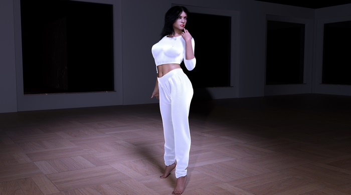 Woman in white outfit in a dark room
