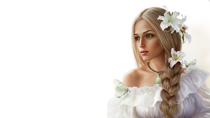 Woman with Blonde Braid, Lilies, and Butterflies