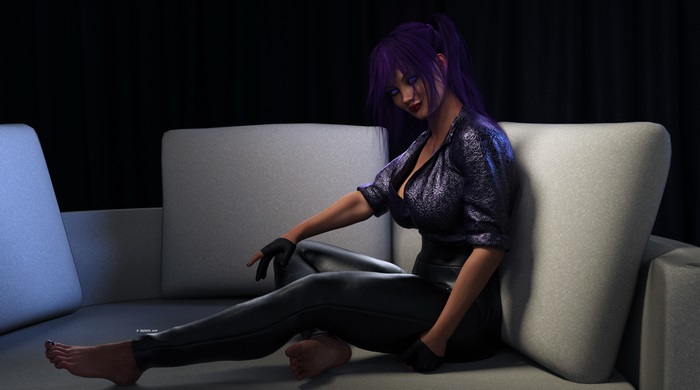 Woman with purple hair sitting on a couch
