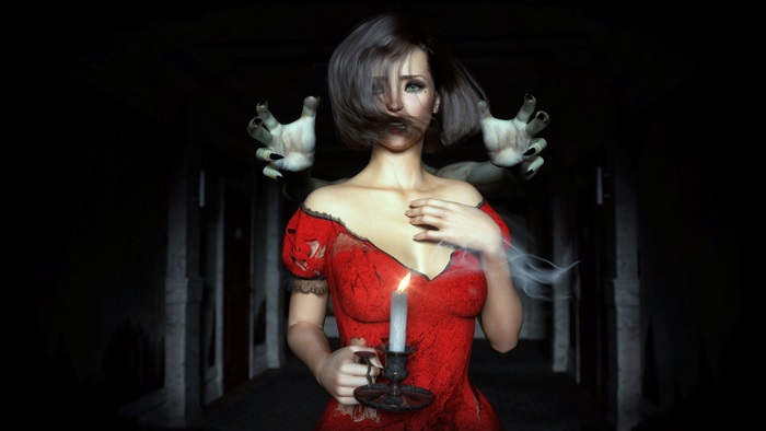Woman in red dress with candle in dark hallway